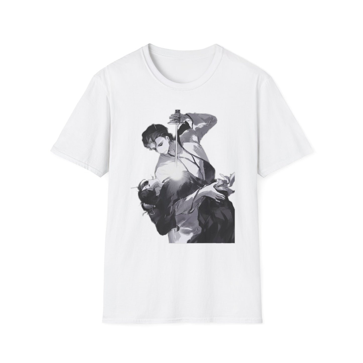 Artistic Unisex bleach 4 Softstyle T-Shirt with Dramatic Black & White Design, Casual Wear, Gift for Art Lovers, Streetwear, Everyday Comfort