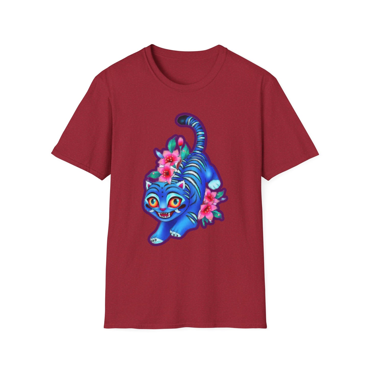 Charming Blue Floral Cat idol tigerT-Shirt, Cute Cat Tee, Animal Lover Gift, Summer Fashion, Gift for Cat Lovers, Fun Graphic Tee