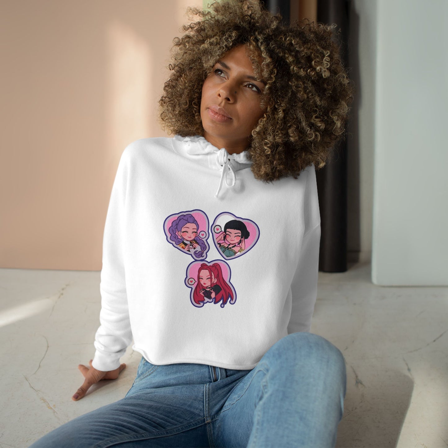 Idol style 5 Crop Hoodie with Fun Character Stickers, Perfect for Casual Wear, Anime Conventions, Gifts, & Everyday Style