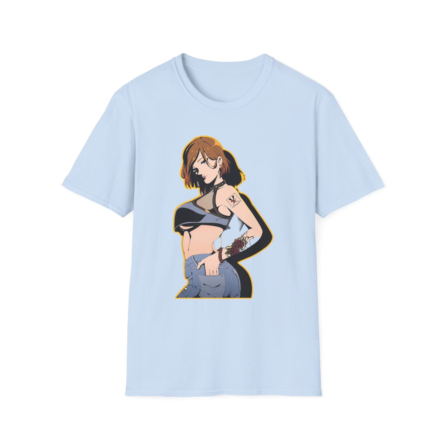Chic Graphic one piece T-Shirt for Trendy Fashionistas, Unisex Softstyle Tee, Anime Art Apparel, Perfect Gift for Birthdays and Casual Outings