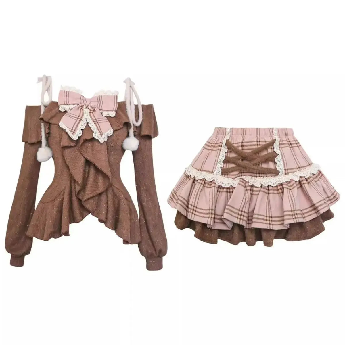 Fuzzy Lolita Set – Bow Top & Plaid Mini Skirt Kawaii