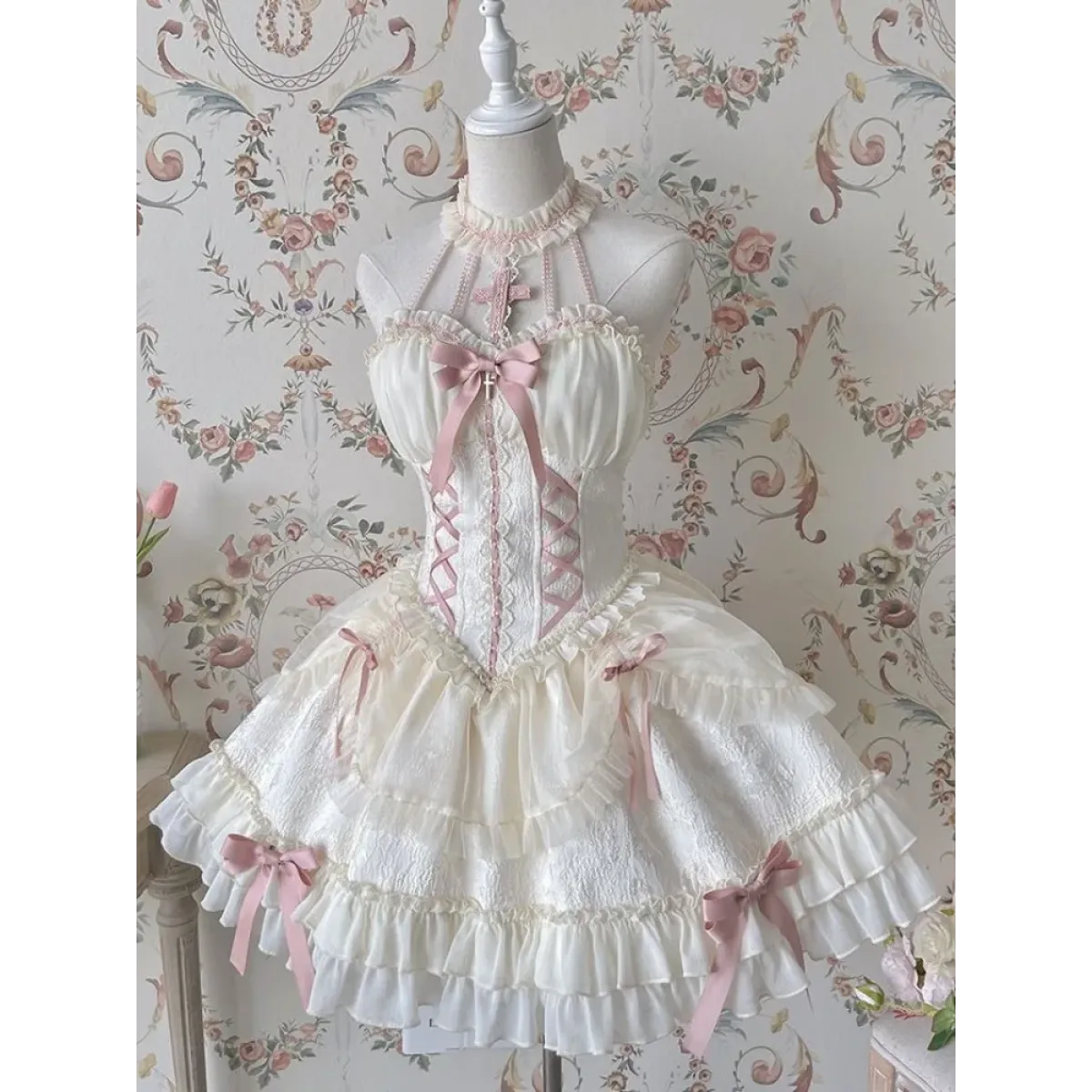 Harajuku Gothic Lolita Halter Dress – Off Shoulder Slim Waist Bow