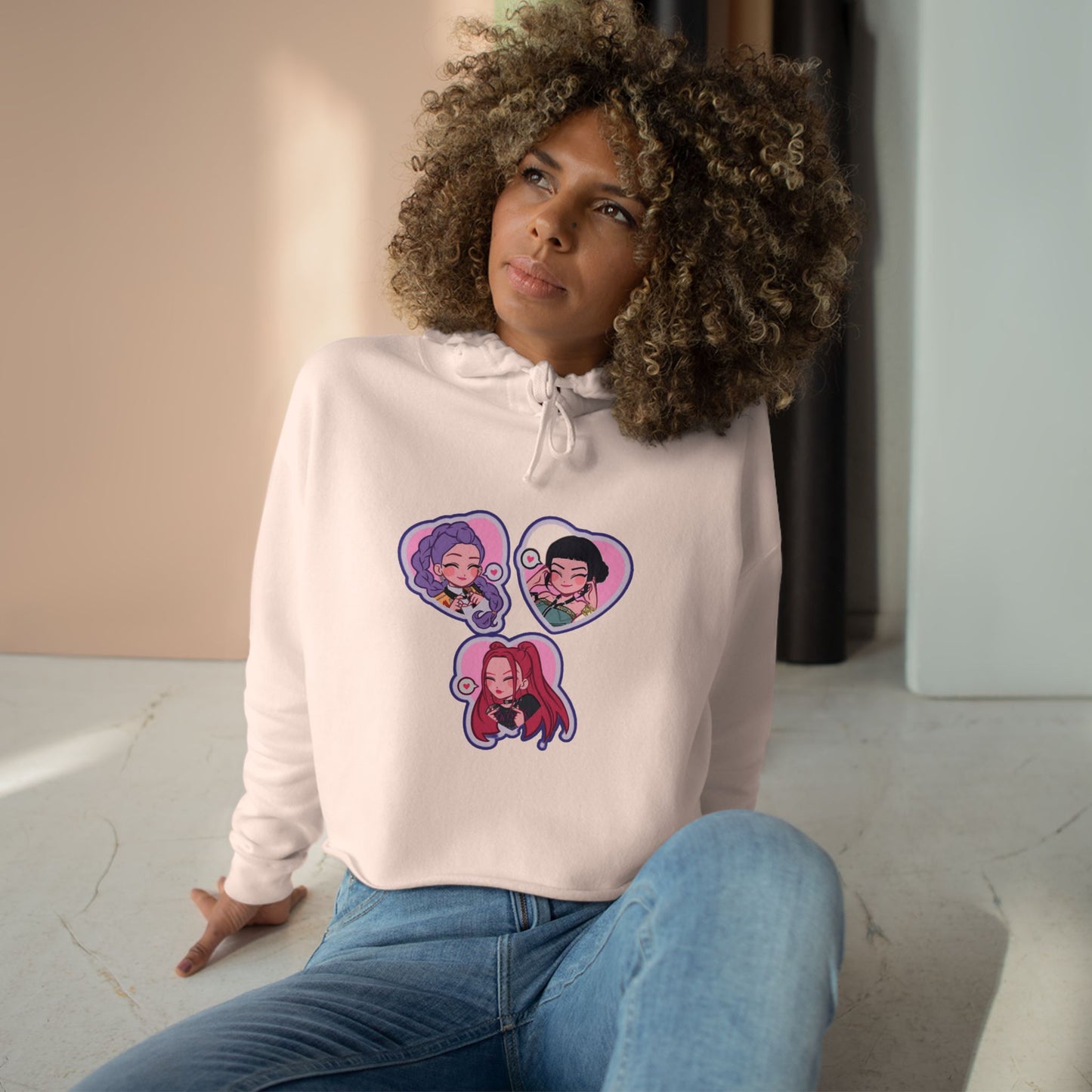 Idol style 5 Crop Hoodie with Fun Character Stickers, Perfect for Casual Wear, Anime Conventions, Gifts, & Everyday Style