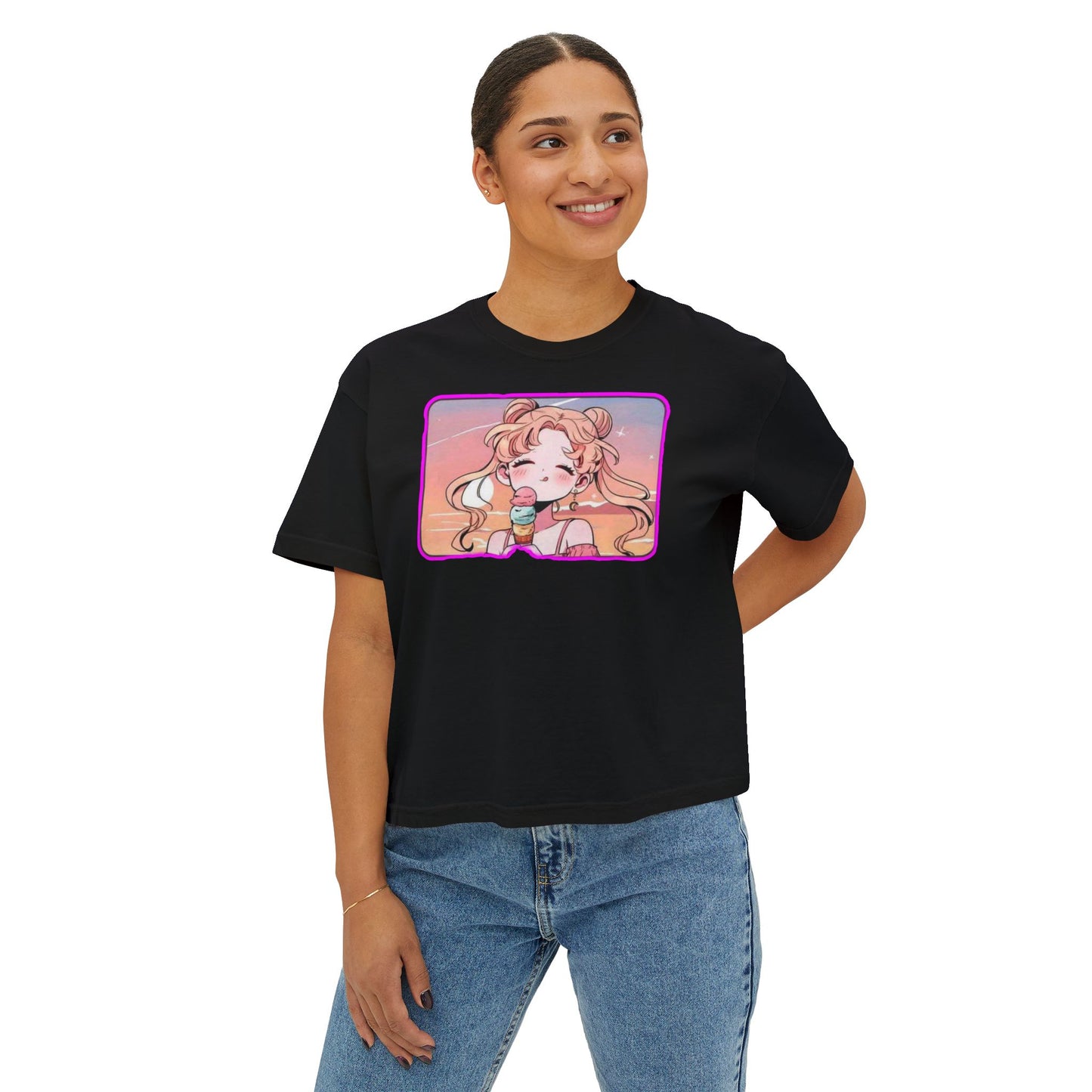 Cute Aesthetic sailor moon 1 Women's Boxy Tee, Trendy Graphic Top for Summer, Kawaii Style Shirt, Perfect Gift for Friends, Casual Everyday Wear