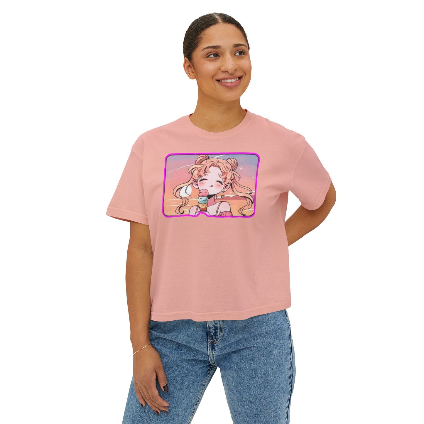 Cute Aesthetic sailor moon 1 Women's Boxy Tee, Trendy Graphic Top for Summer, Kawaii Style Shirt, Perfect Gift for Friends, Casual Everyday Wear