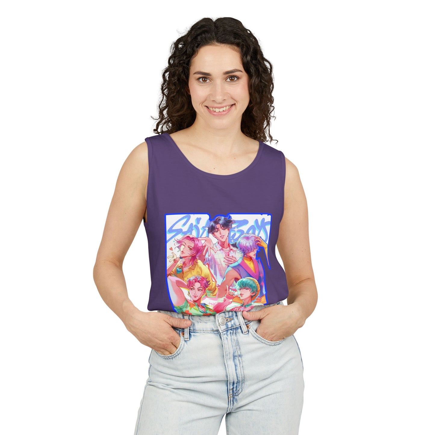 Vibrant Art kpop Tank Top, Unisex Garment-Dyed Tee, Summer Vibe Apparel, Trendy Watercolor Shirt, Perfect for Festivals, Gifts for Art Lovers