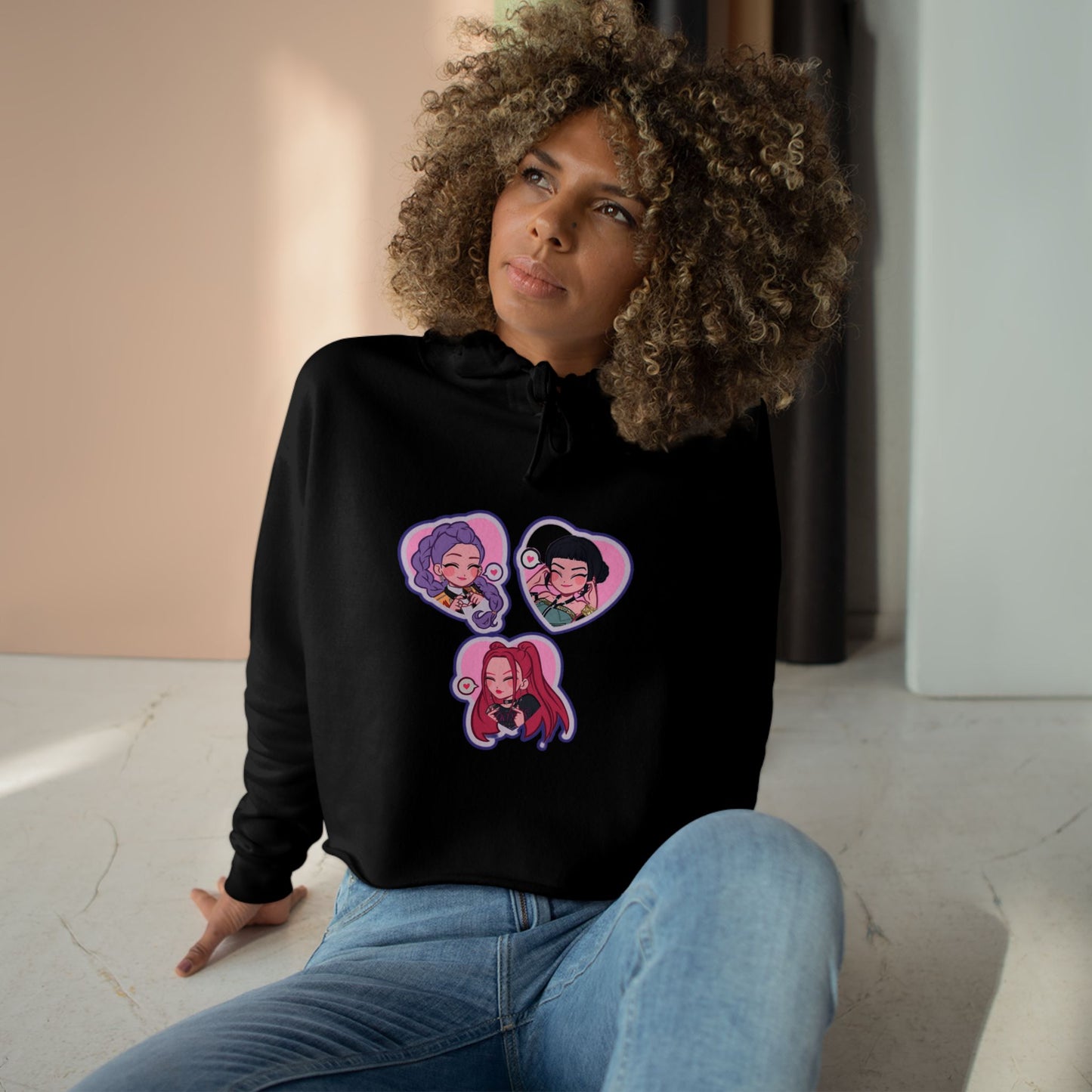Idol style 5 Crop Hoodie with Fun Character Stickers, Perfect for Casual Wear, Anime Conventions, Gifts, & Everyday Style