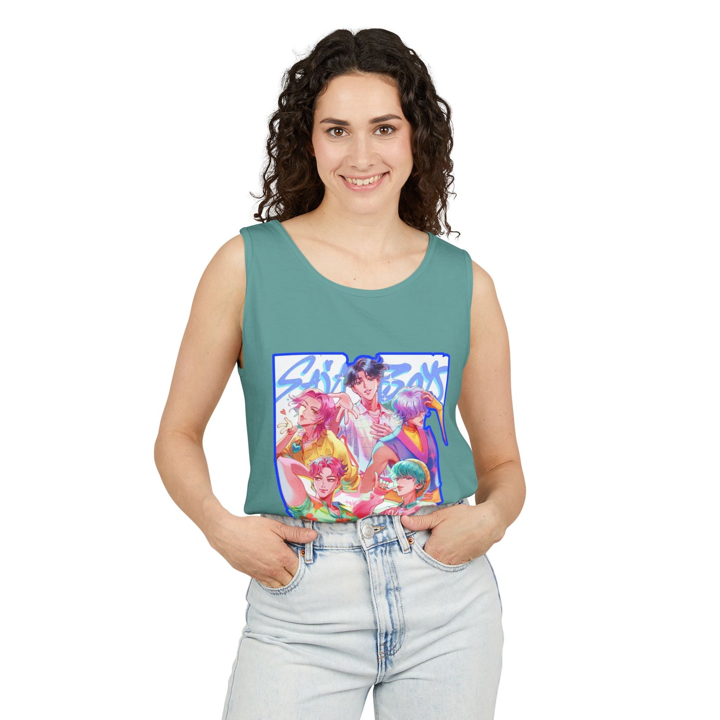 Vibrant Art kpop Tank Top, Unisex Garment-Dyed Tee, Summer Vibe Apparel, Trendy Watercolor Shirt, Perfect for Festivals, Gifts for Art Lovers