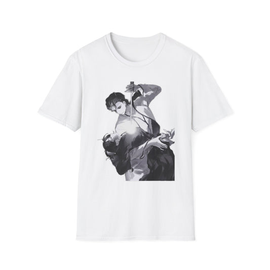 Artistic Unisex bleach 4 Softstyle T-Shirt with Dramatic Black & White Design, Casual Wear, Gift for Art Lovers, Streetwear, Everyday Comfort