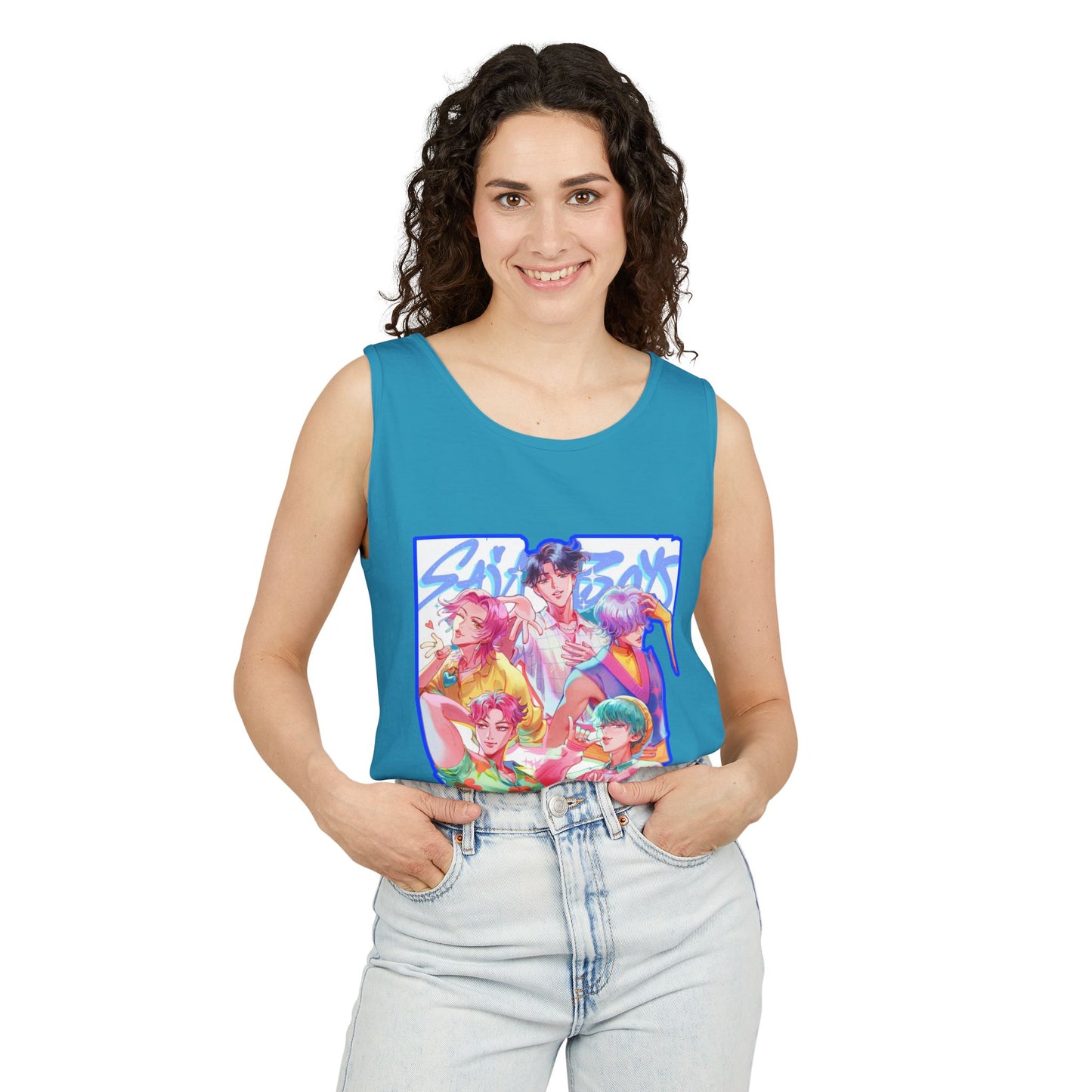 Vibrant Art kpop Tank Top, Unisex Garment-Dyed Tee, Summer Vibe Apparel, Trendy Watercolor Shirt, Perfect for Festivals, Gifts for Art Lovers