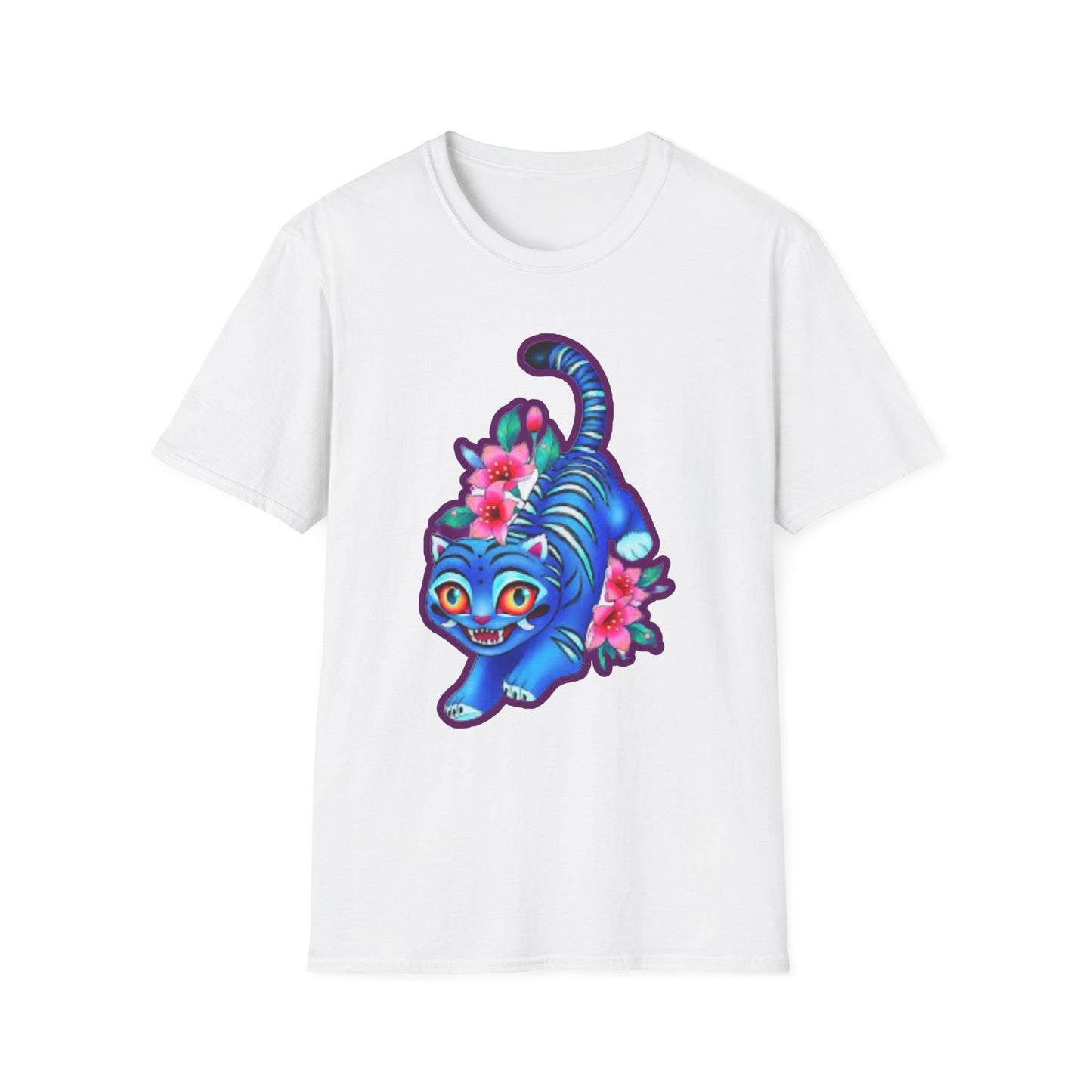 Charming Blue Floral Cat  idol tigerT-Shirt, Cute Cat Tee, Animal Lover Gift, Summer Fashion, Gift for Cat Lovers, Fun Graphic Tee