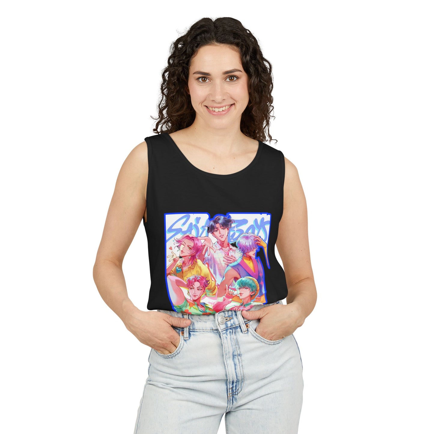 Vibrant Art kpop Tank Top, Unisex Garment-Dyed Tee, Summer Vibe Apparel, Trendy Watercolor Shirt, Perfect for Festivals, Gifts for Art Lovers