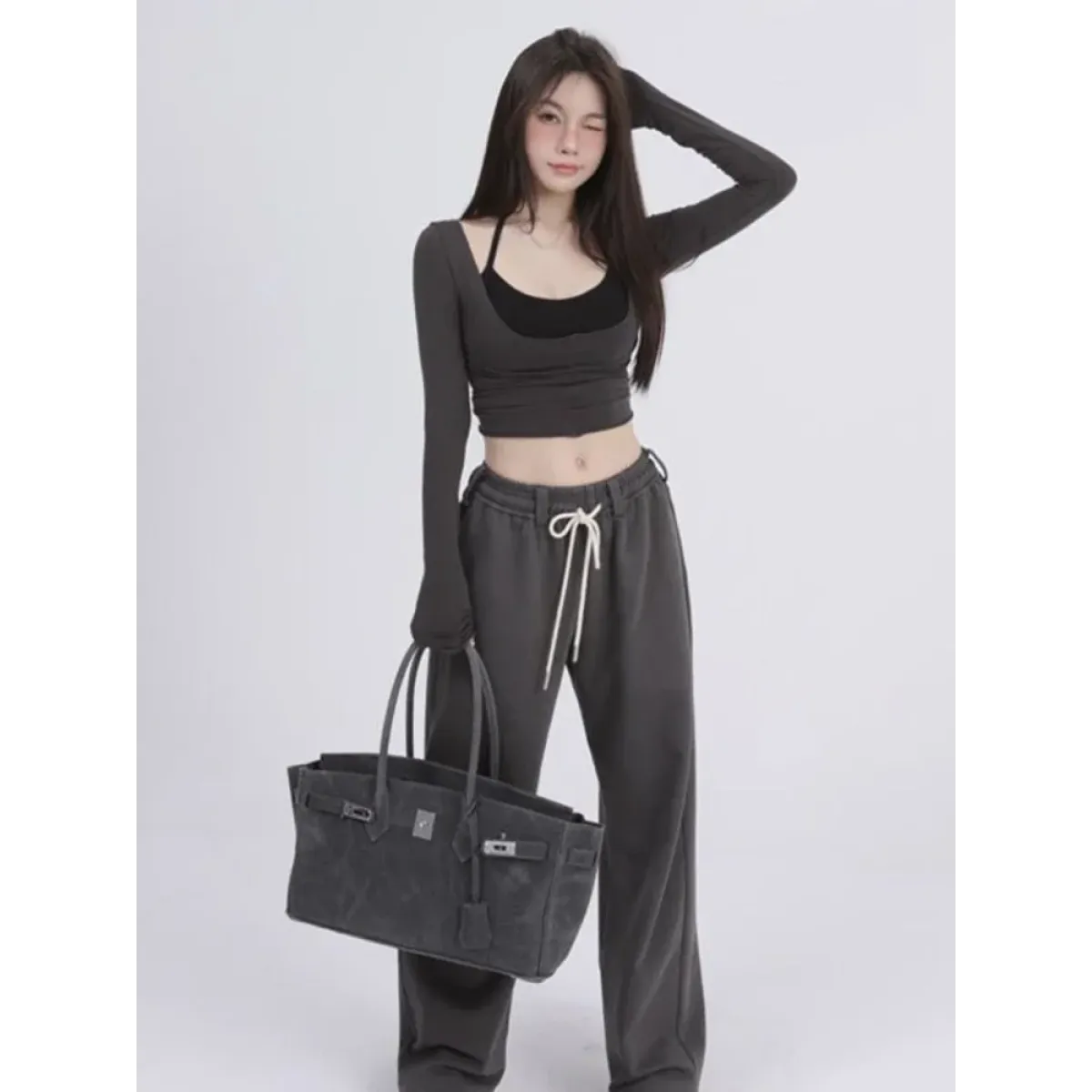 Aesthetic Halter Two-Piece Set - Harajuku Long Sleeve Tee