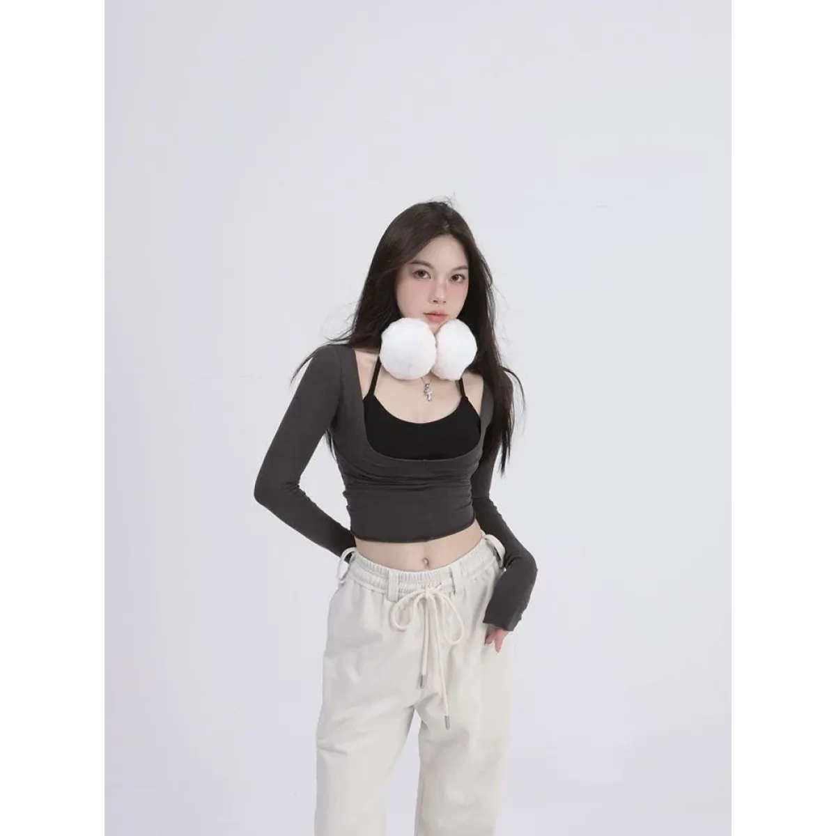 Aesthetic Halter Two-Piece Set - Harajuku Long Sleeve Tee