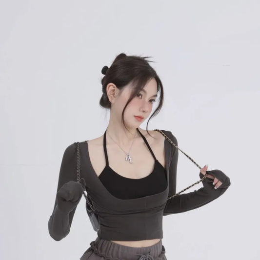 Aesthetic Halter Two-Piece Set - Harajuku Long Sleeve Tee