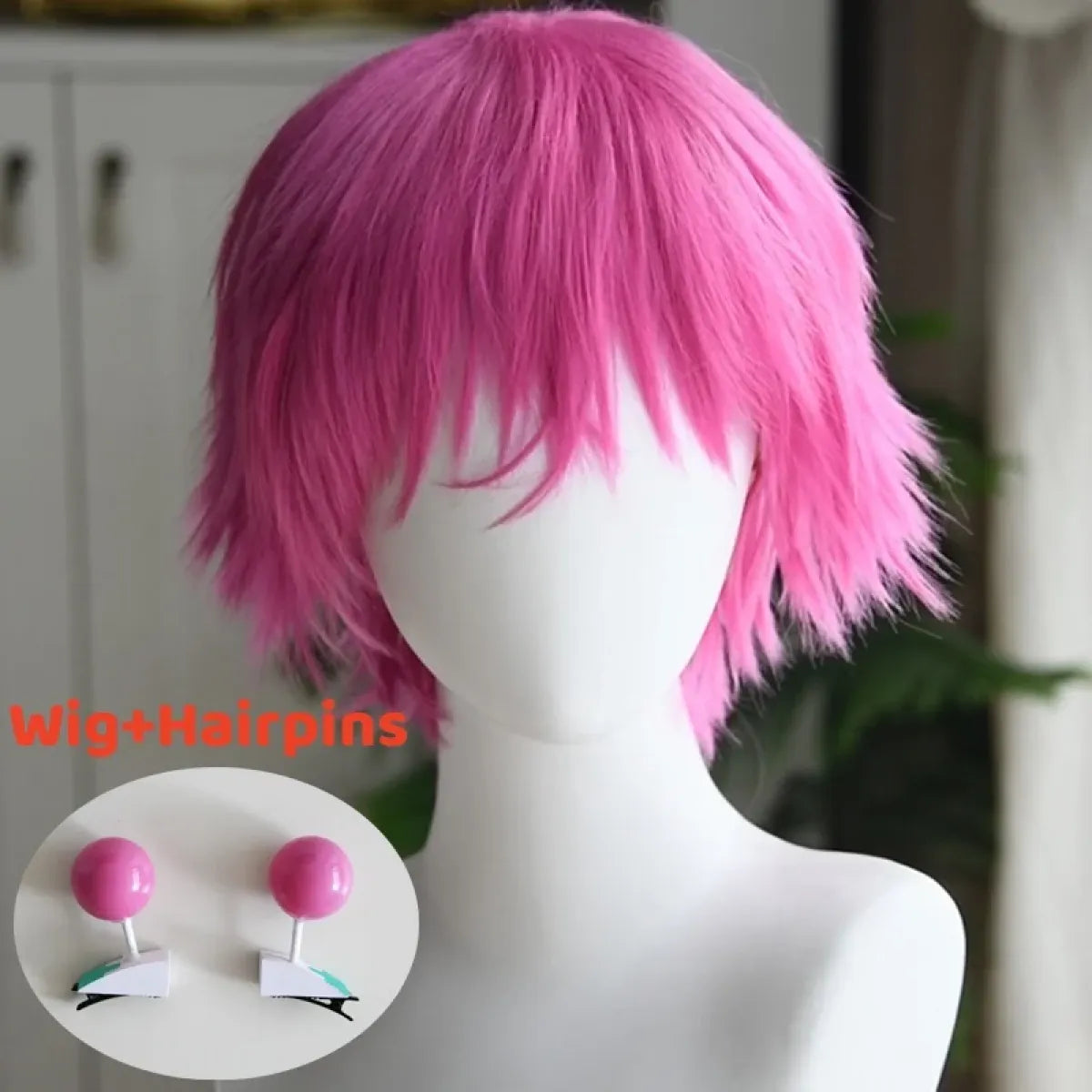 Saiki Kusuo Cosplay Wig – Pink Wig with Hairpins & Green Glasses Set