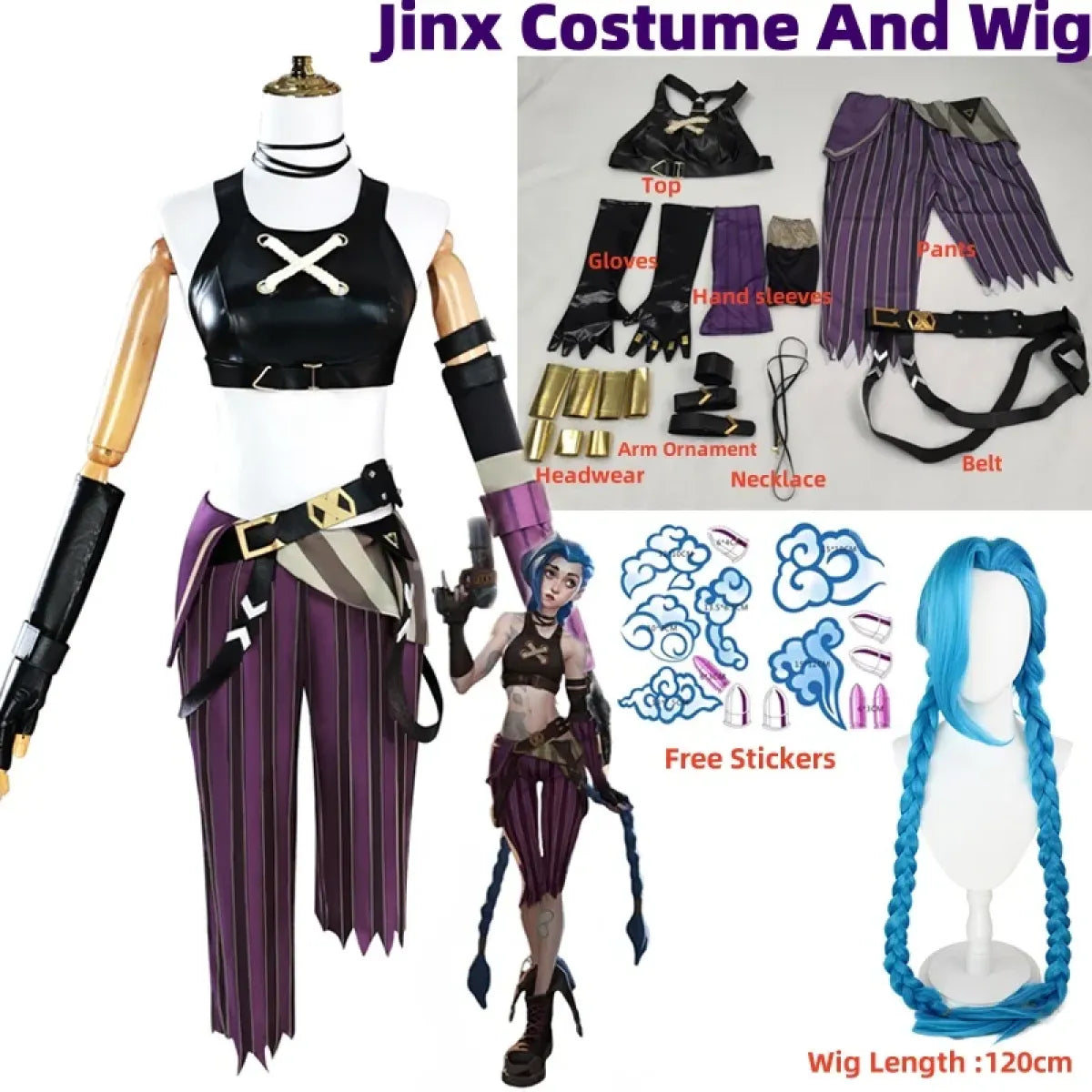 Arcane Jinx Cosplay Costume – LOL Season 2 Loli Outfit with Wig & Accessories