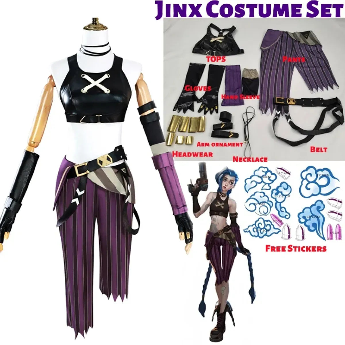 Arcane Jinx Cosplay Costume – LOL Season 2 Loli Outfit with Wig & Accessories