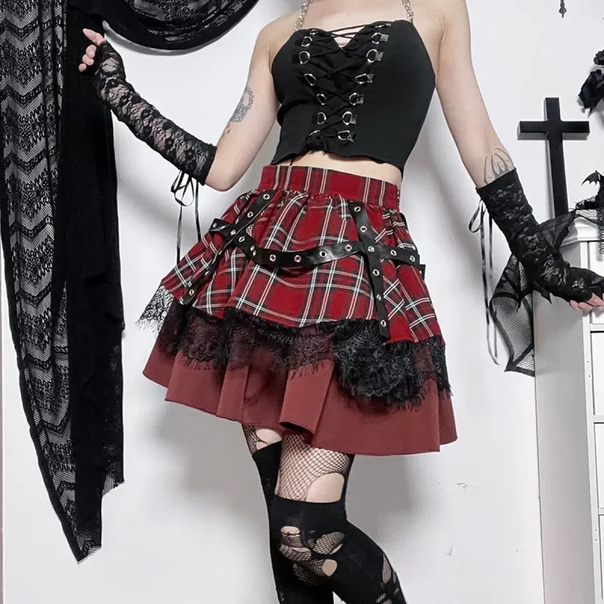 Gothic Plaid Punk Skirt – Harajuku Lace Layered Mini Skirt Cosplay
