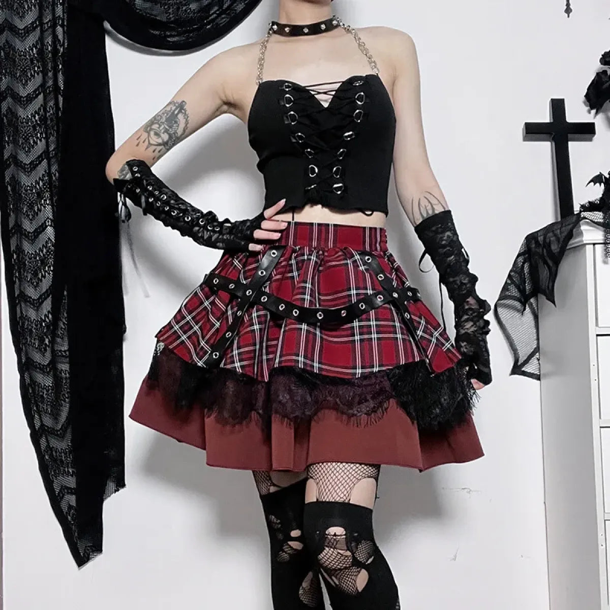 Gothic Plaid Punk Skirt – Harajuku Lace Layered Mini Skirt Cosplay