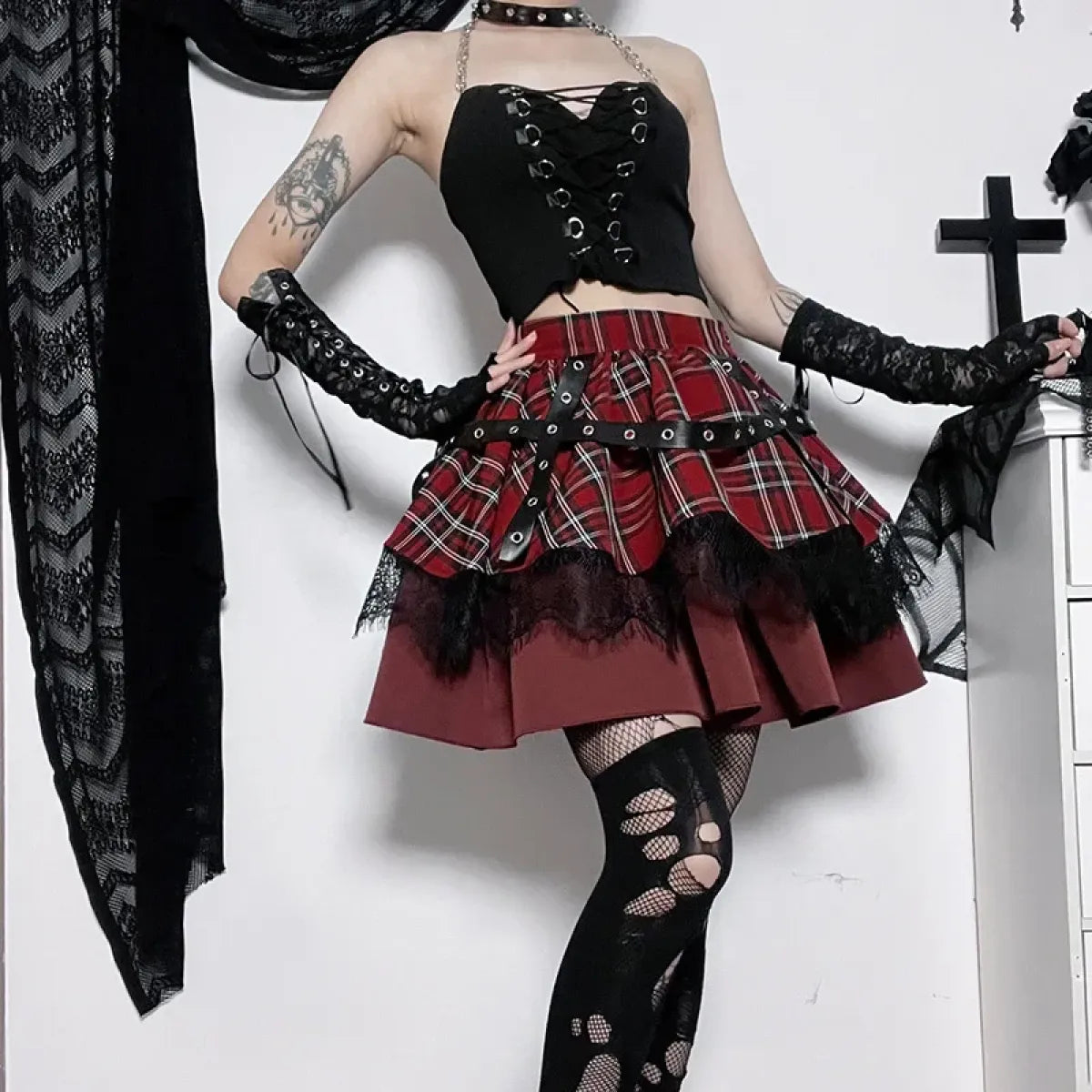 Gothic Plaid Punk Skirt – Harajuku Lace Layered Mini Skirt Cosplay