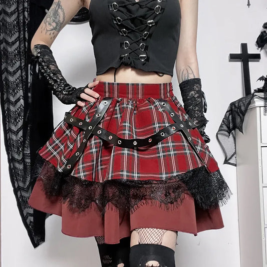 Gothic Plaid Punk Skirt – Harajuku Lace Layered Mini Skirt Cosplay