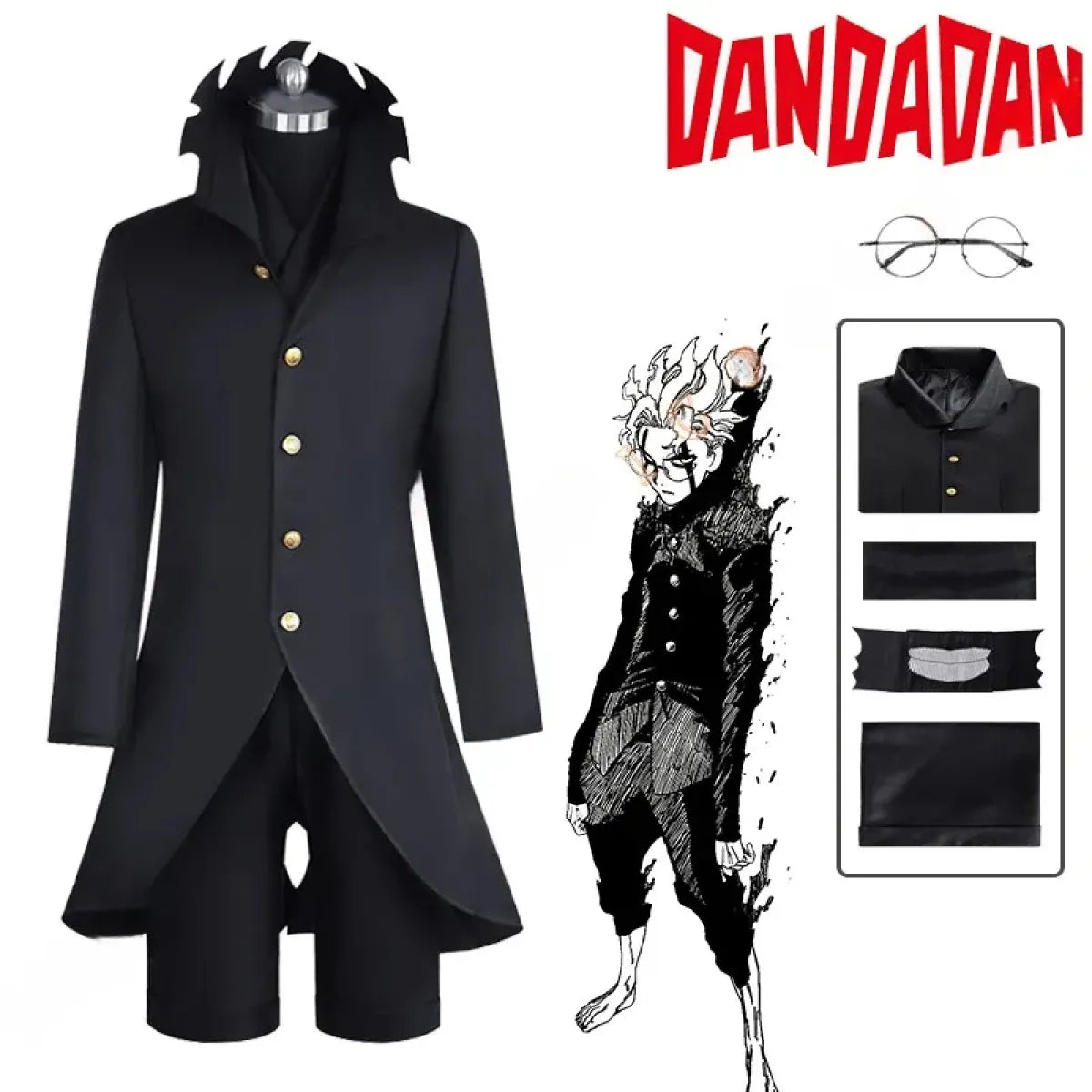 Dandadan Ken Takakura Okarun Cosplay – Black Uniform with Wig & Glasses