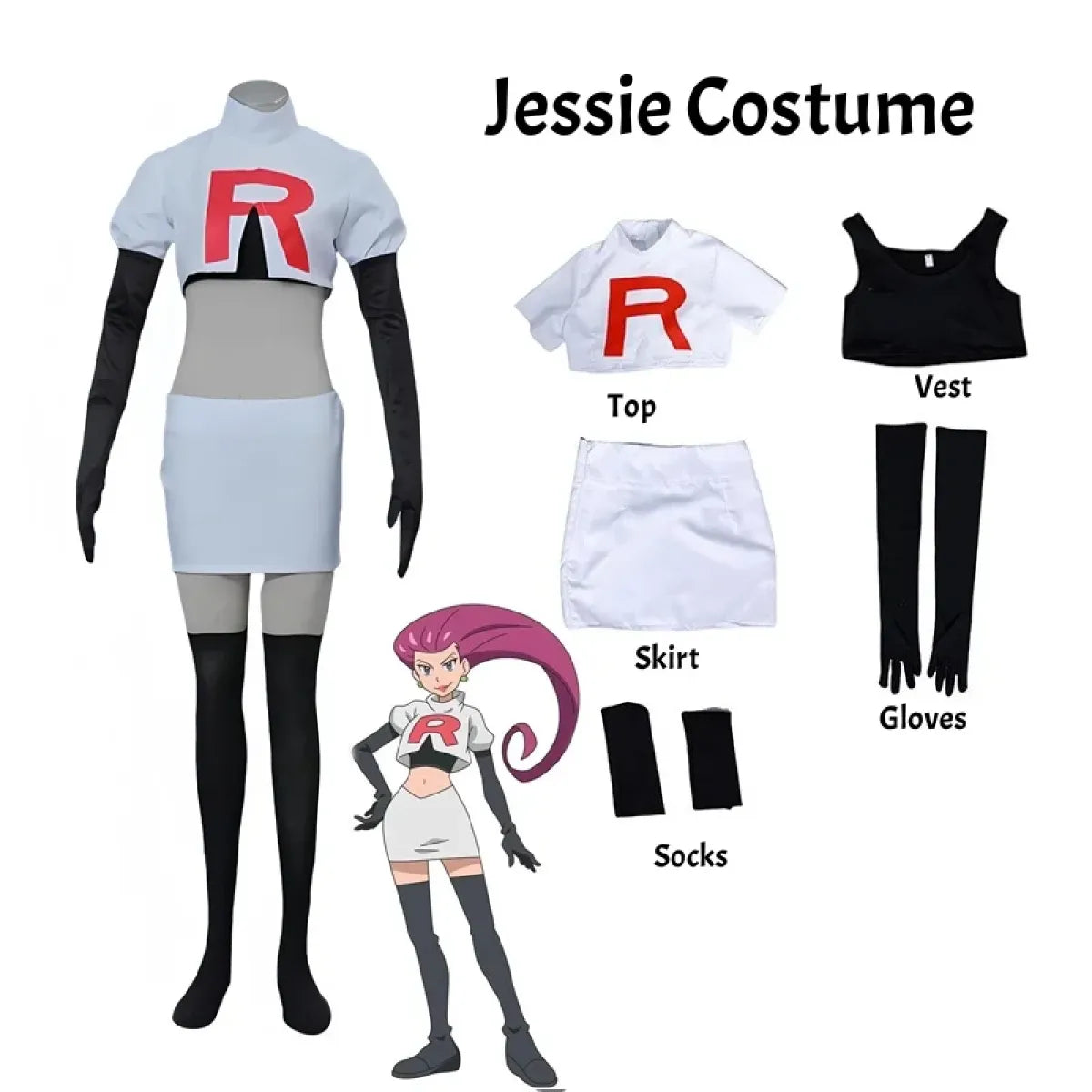 Team Rocket Jessie & James Cosplay Set – Anime Full Outfit for Men & Women