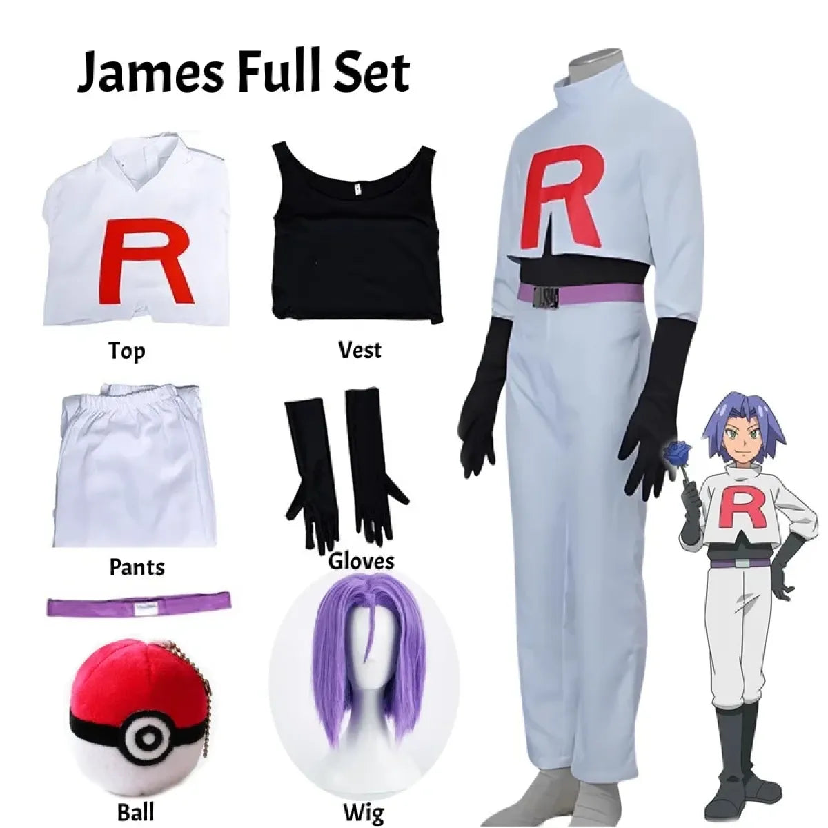 Team Rocket Jessie & James Cosplay Set – Anime Full Outfit for Men & Women