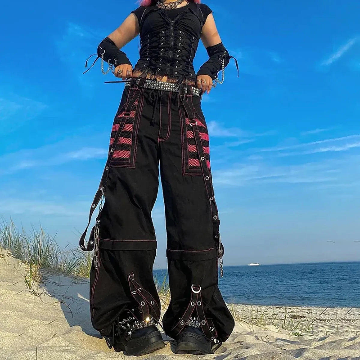Gothic Punk Cargo Pants – Y2K Grunge Wide Leg Baggy Trousers