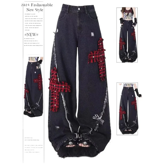 Gothic Patchwork Baggy Jeans – Y2K Harajuku Grunge