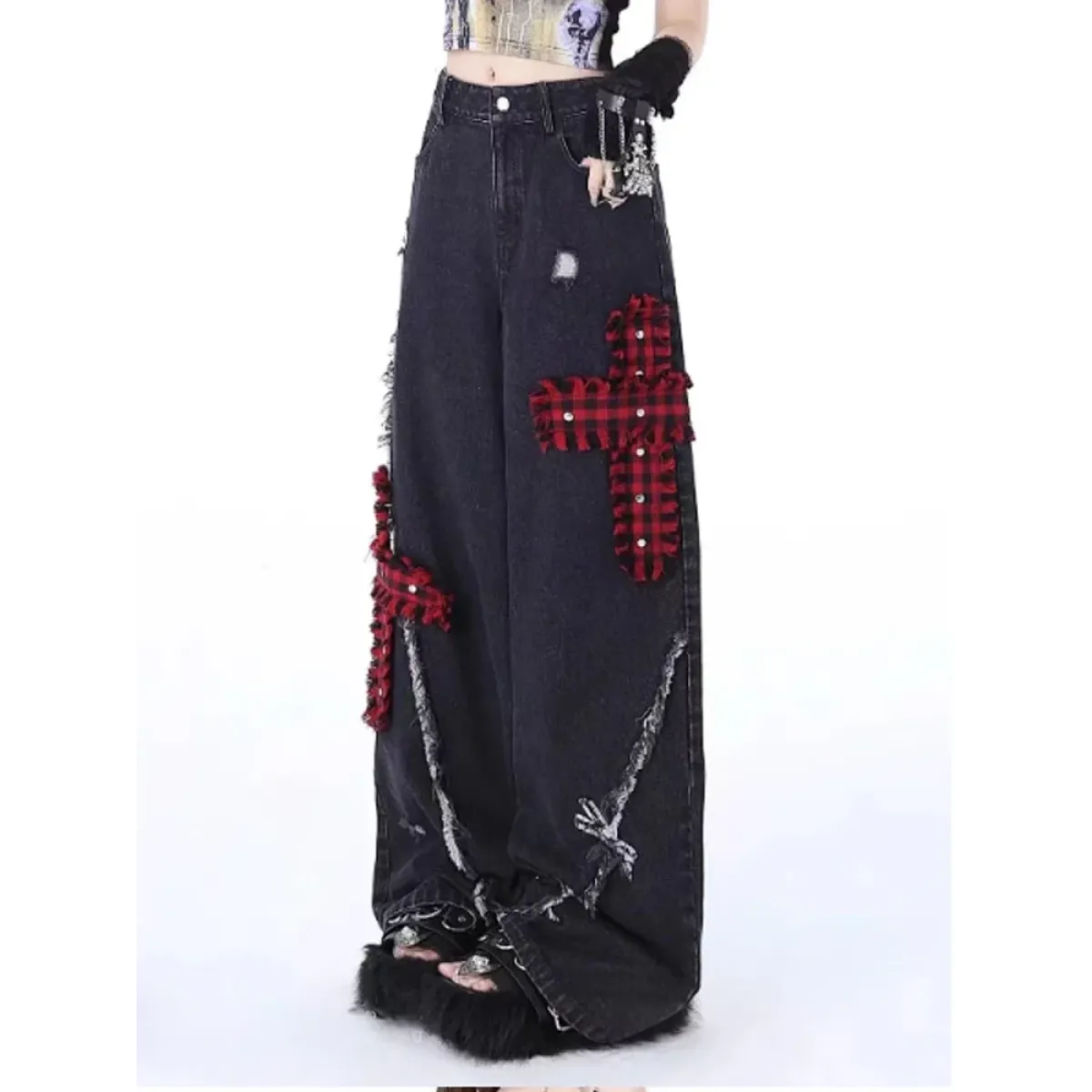 Gothic Patchwork Baggy Jeans – Y2K Harajuku Grunge